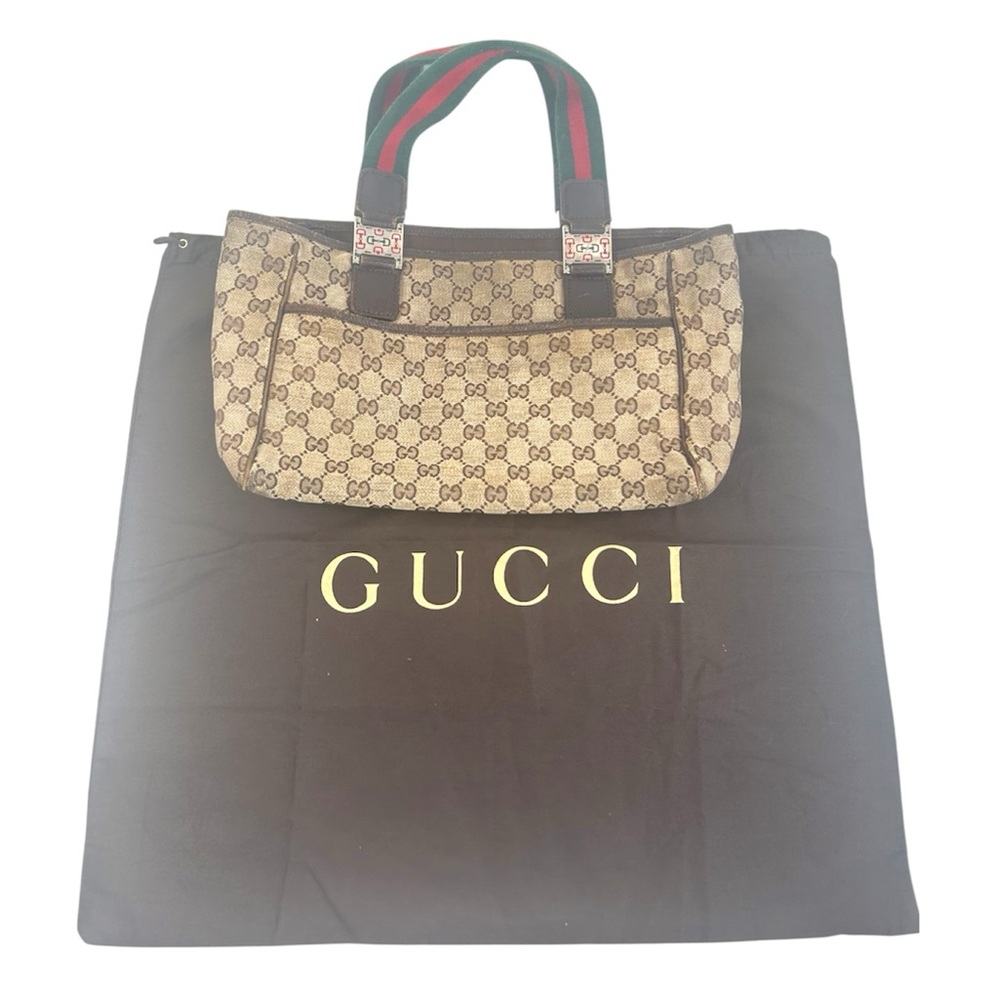 Gucci Vintage GG Supreme Monogram Tote Bag with Web Stripe Handles + Dust Bag - Picture 2 of 13